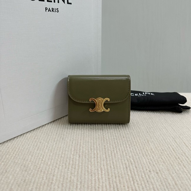 Celine TRIOMPHE COMPACT WALLET IN SHINY CALFSKIN 10K623 dark green