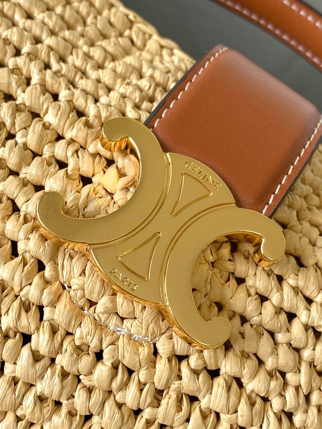 Celine SMALL LOUISE BUCKET IN RAFFIA AND CALFSKIN A119173 NATURAL & TAN