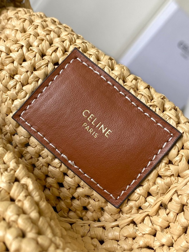 Celine SMALL LOUISE BUCKET IN RAFFIA AND CALFSKIN A119173 NATURAL & TAN