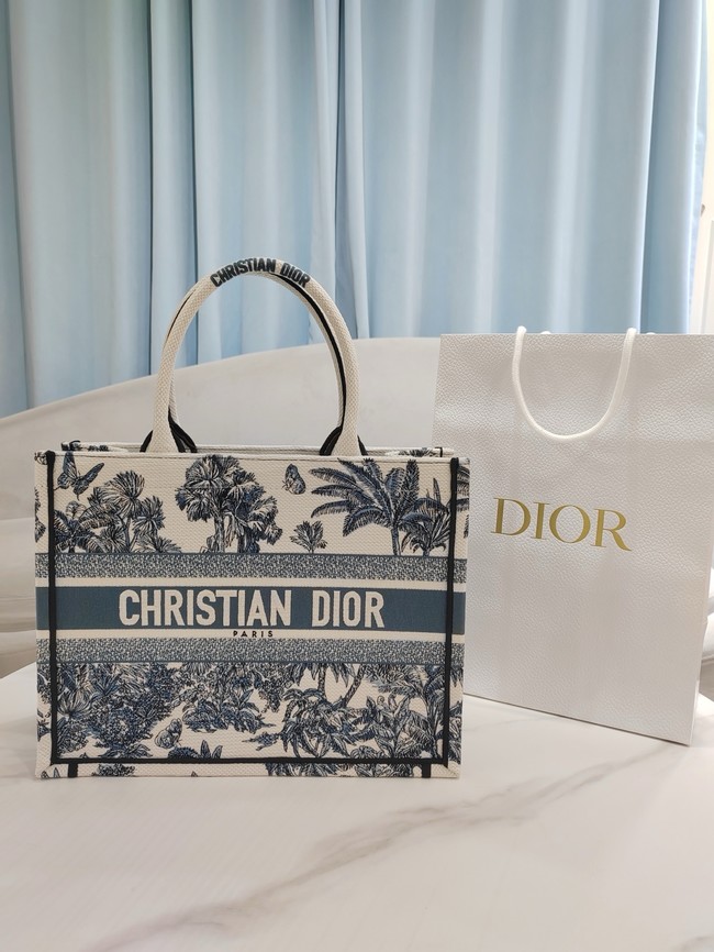 Medium Dior Book Tote White and Blue Toile de Jouy Palms Embroidery M1296ZEYD