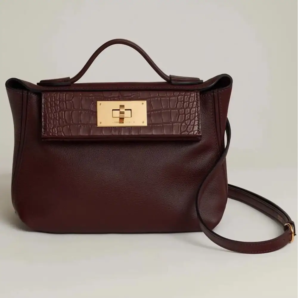 Hermes 24 24 Mini 21 Bag in Volupto, polished alligator, Swift Burgundy