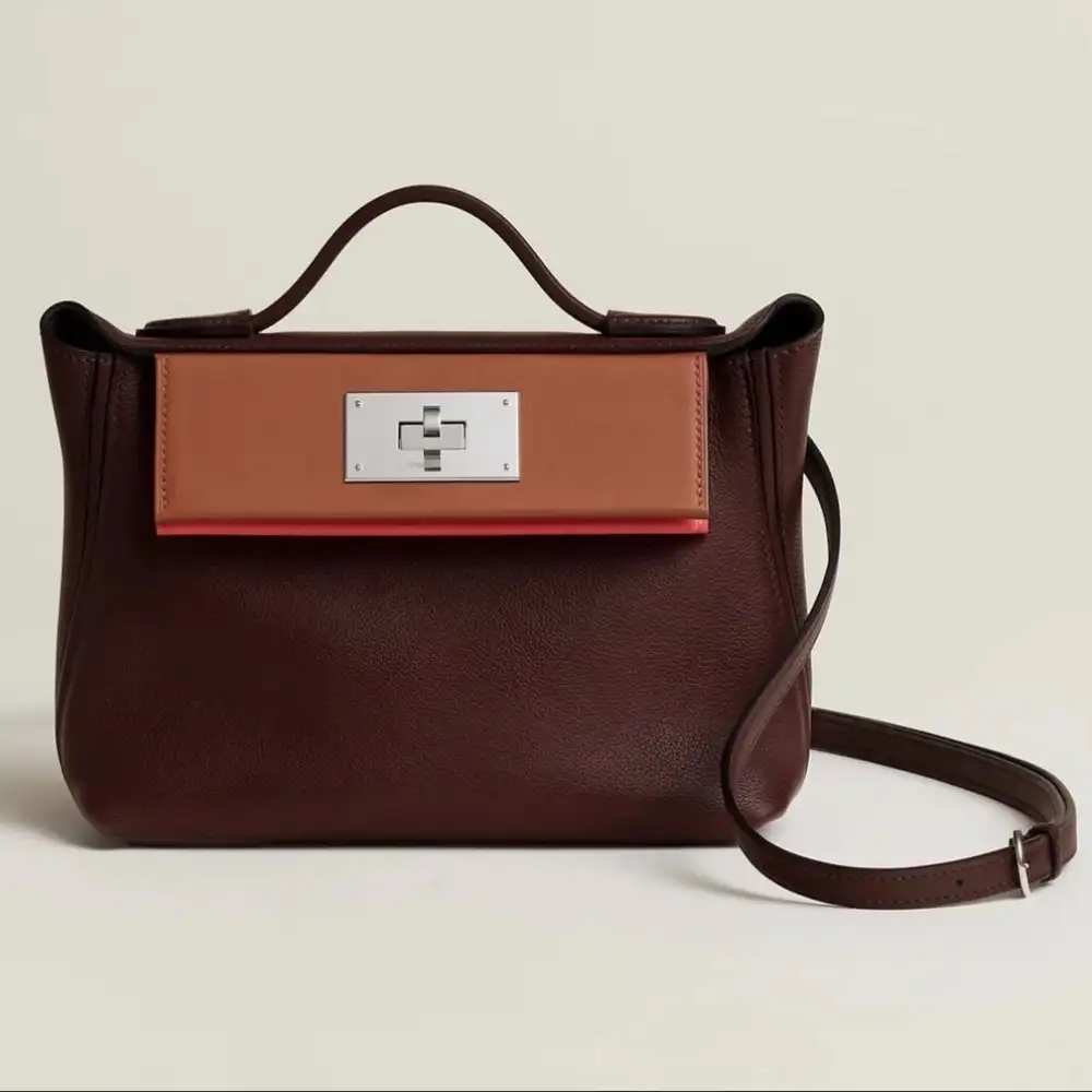 Hermes 24 24 Mini Bag in Evercolor, Swift Sellier Cuivre,Rose Texas