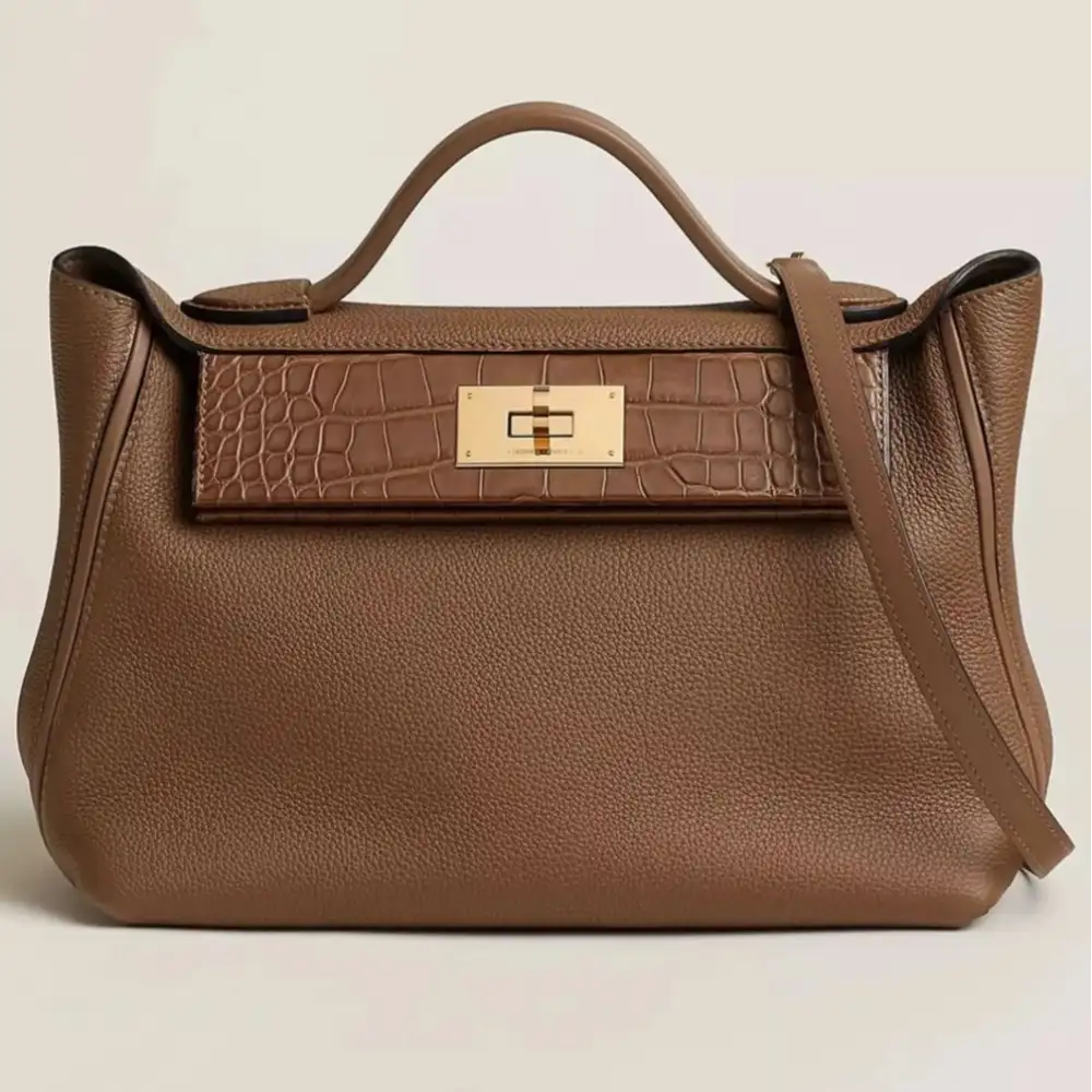 Hermes 24 24 29 Bag in Togo calfskin:Matte Mississippiensis alligator:Swift calfskin Alezan