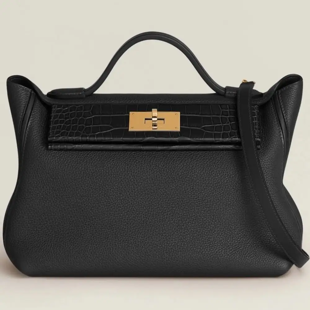 Hermes 24 24 29 Bag in Togo calfskin:Matte Mississippiensis alligator:Swift calfskin Noir
