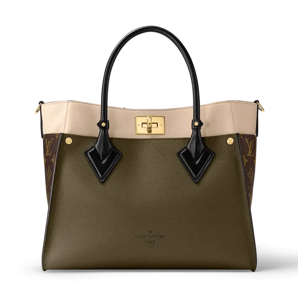 Louis Vuitton On My Side MM Bag in Monogram Canvas and Calf Leather Laurier Green Toffee Latte Beige