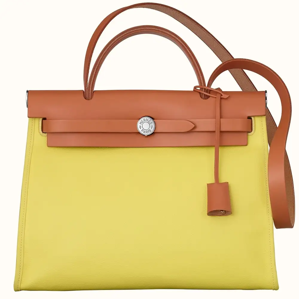 Hermes Herbag Zip 31 Bag in H Berline canvas and Hunter leather Lime ecru beige naturel sable