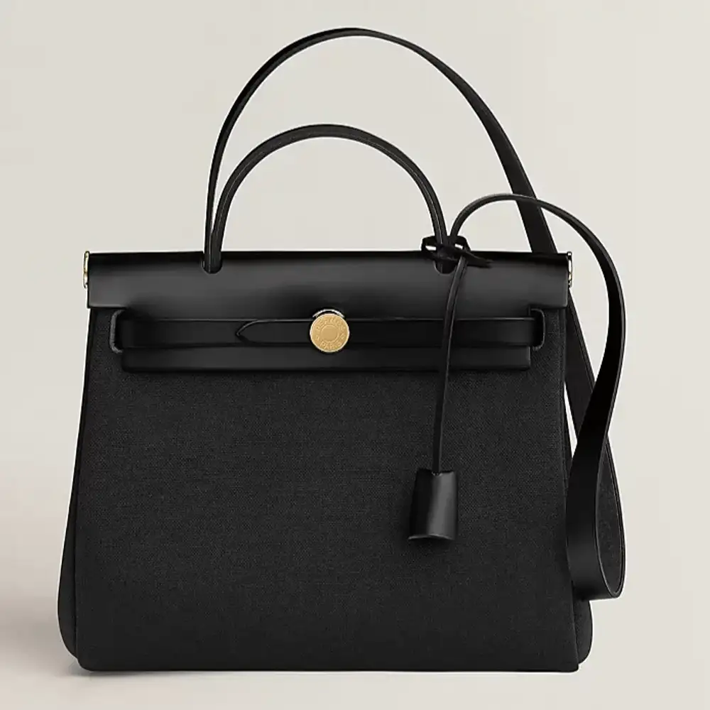 Hermes Herbag Zip 31 Bag in Militaire canvas and Hunter cowhide Black