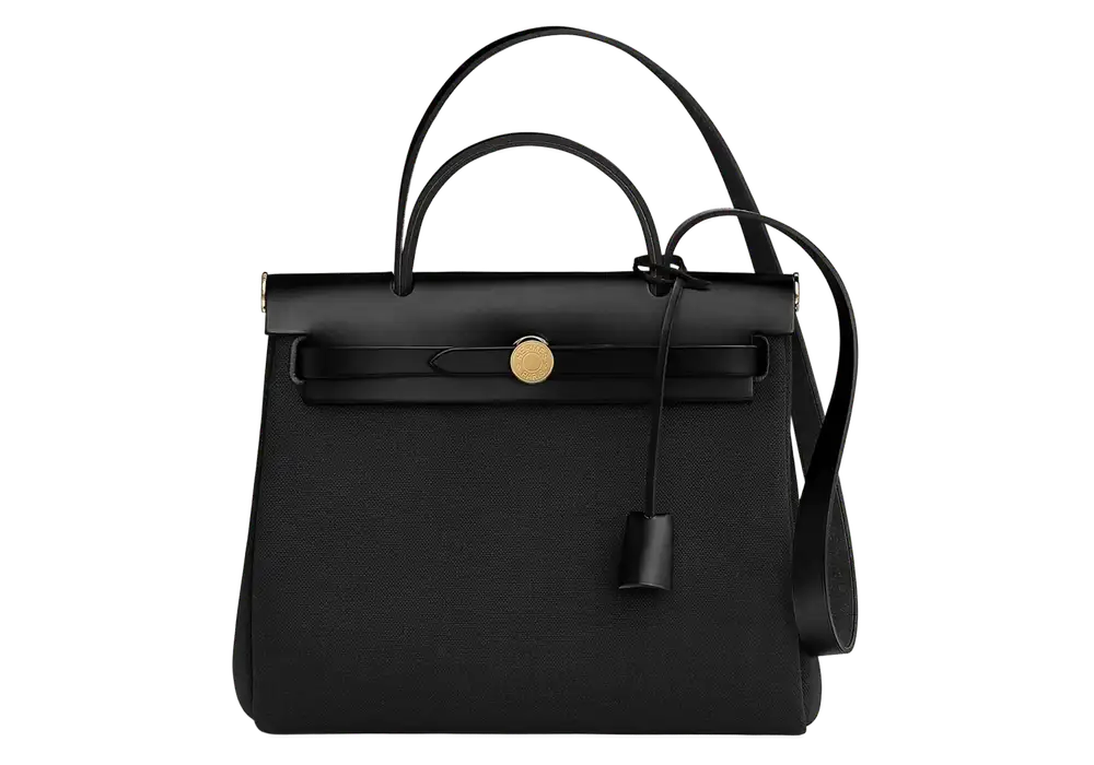 Hermes Herbag Zip 31 Bag in Militaire canvas and Hunter cowhide Black Front image