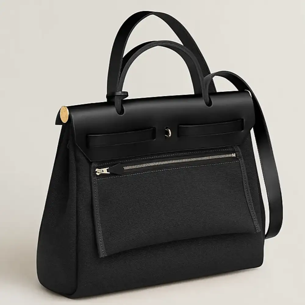 Hermes Herbag Zip 31 Bag in Militaire canvas and Hunter cowhide Black Interior pockets 2