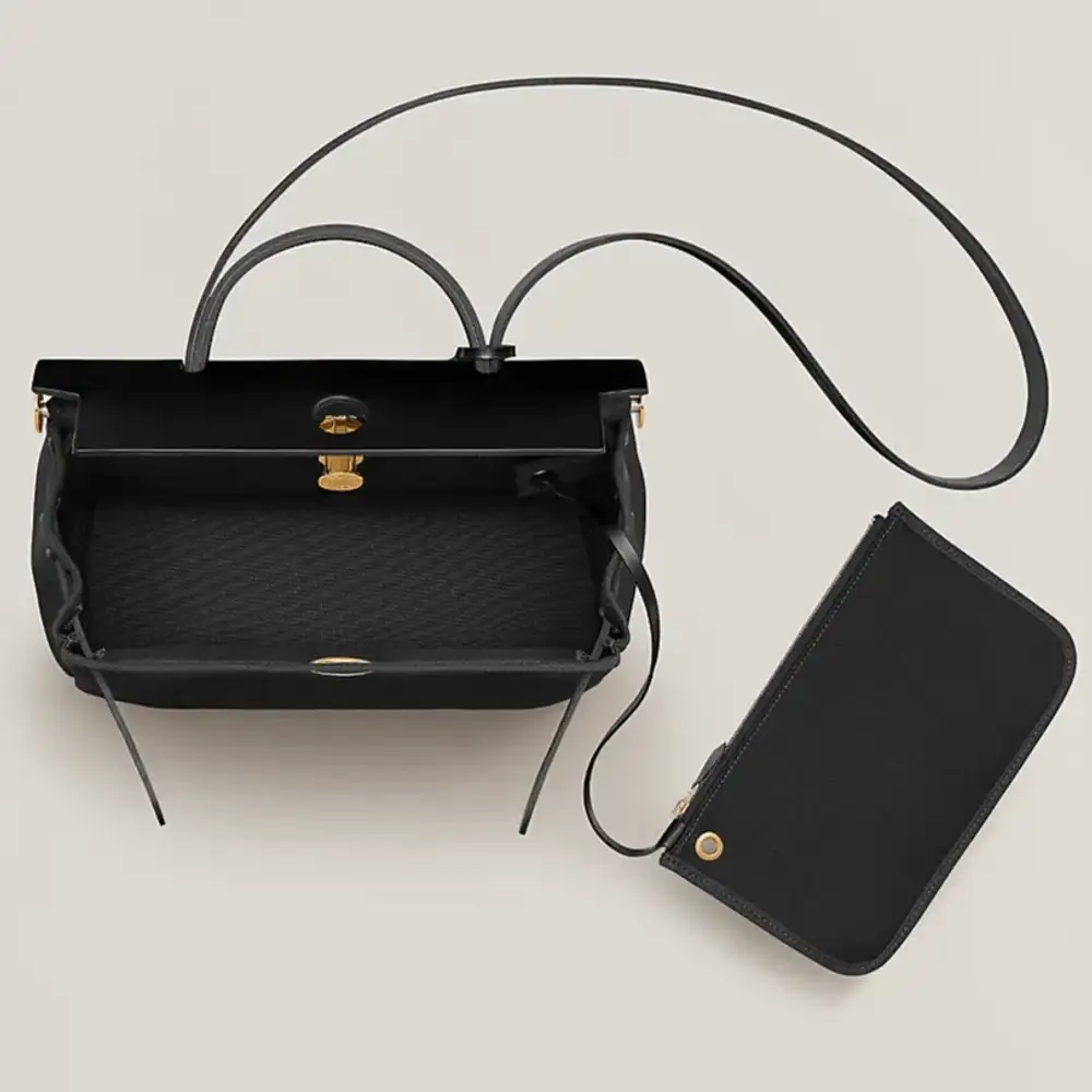 Hermes Herbag Zip 31 Bag in Militaire canvas and Hunter cowhide Black Interior pockets