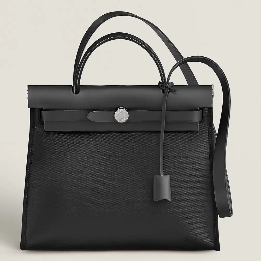 Hermes Herbag Zip 31 Bag in Militaire canvas and Hunter cowhide Black Grey