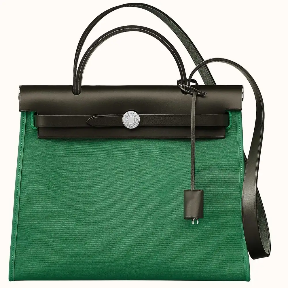 Hermes Herbag Zip 31 Bag in Military canvas and Hunter leather Green black