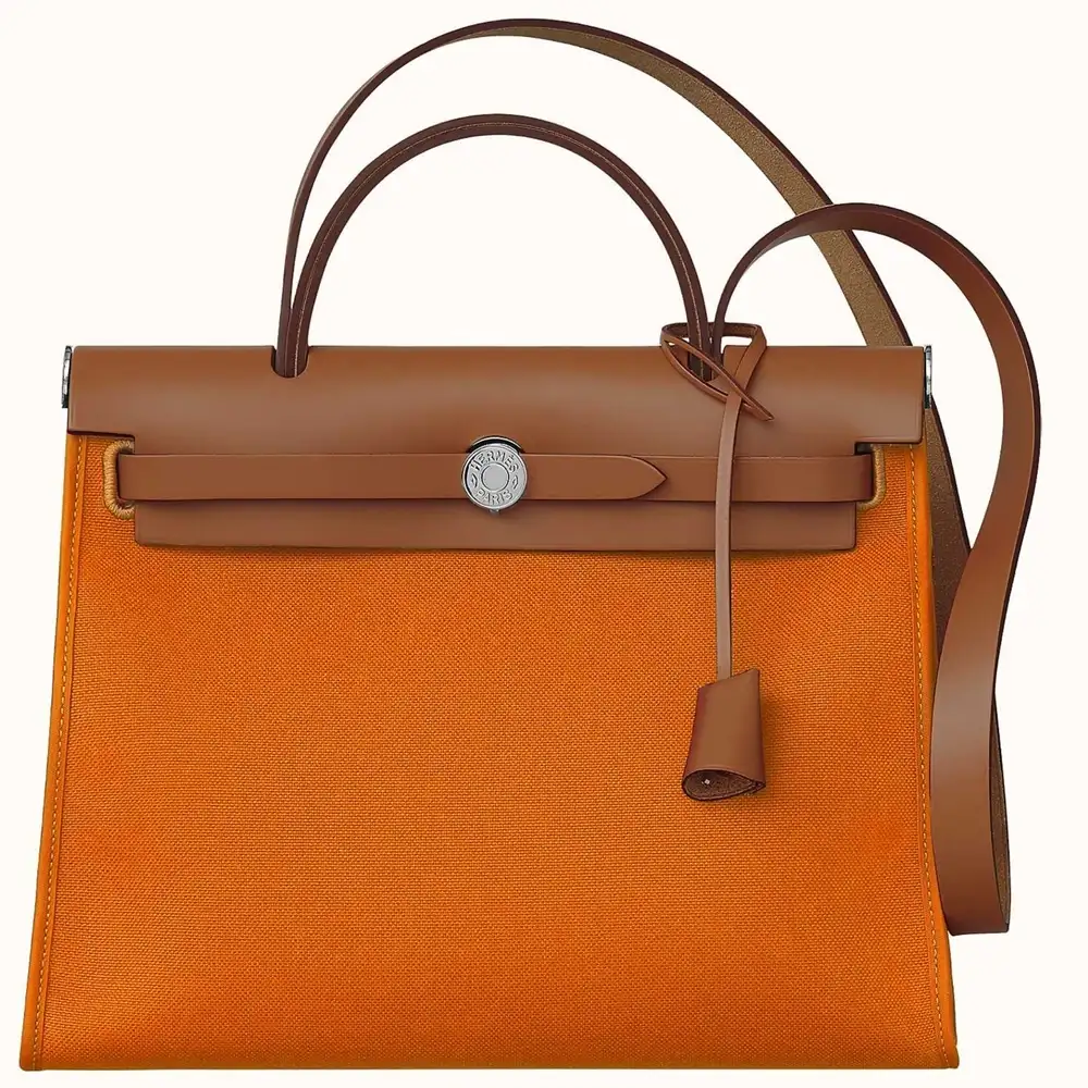 Hermes Herbag Zip 31 Bag in Military canvas and Hunter leather Orange brown