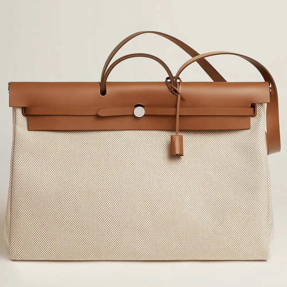 Hermes Herbag Zip Cabine Bag in Criss Viking canvas and Hunter cowhide écru beige fauve