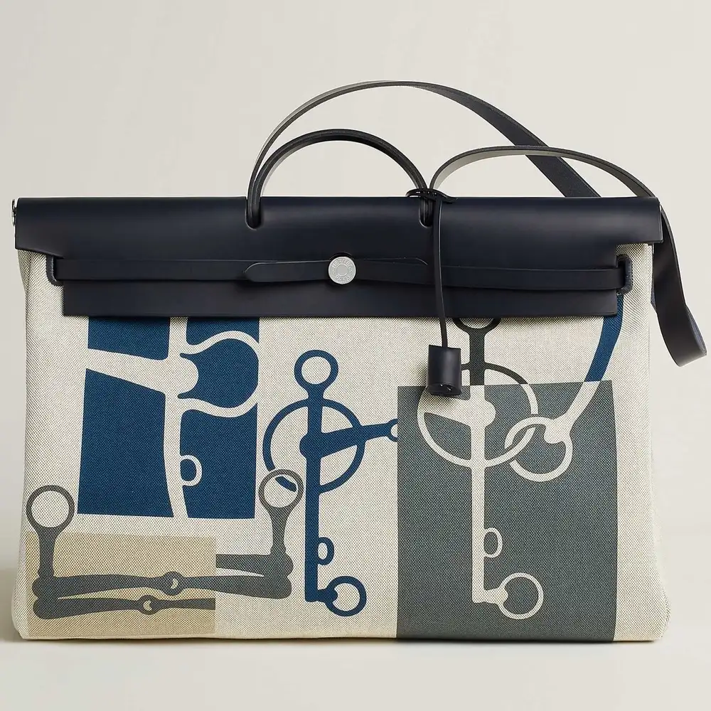 Hermes Herbag Zip Cabine Bag in Criss Viking canvas and Hunter cowhide indigo gris Meyer ecru amande