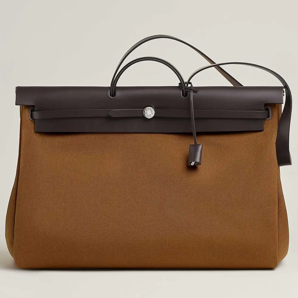 Hermes Herbag Zip Cabine Bag in Militaire canvas and Hunter cowhide alezan ebene