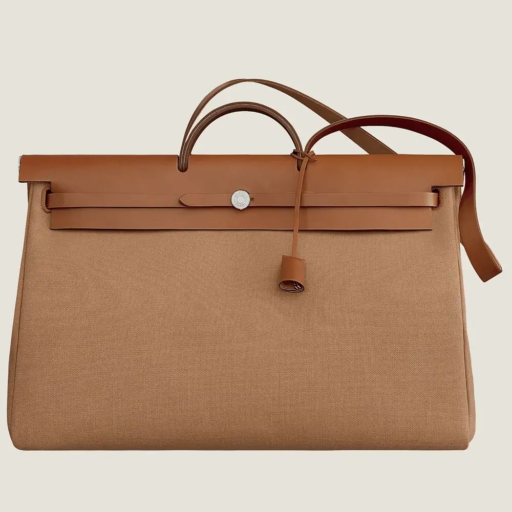Hermes Herbag Zip Cabine Bag in Militaire canvas and Hunter cowhide chai fauve