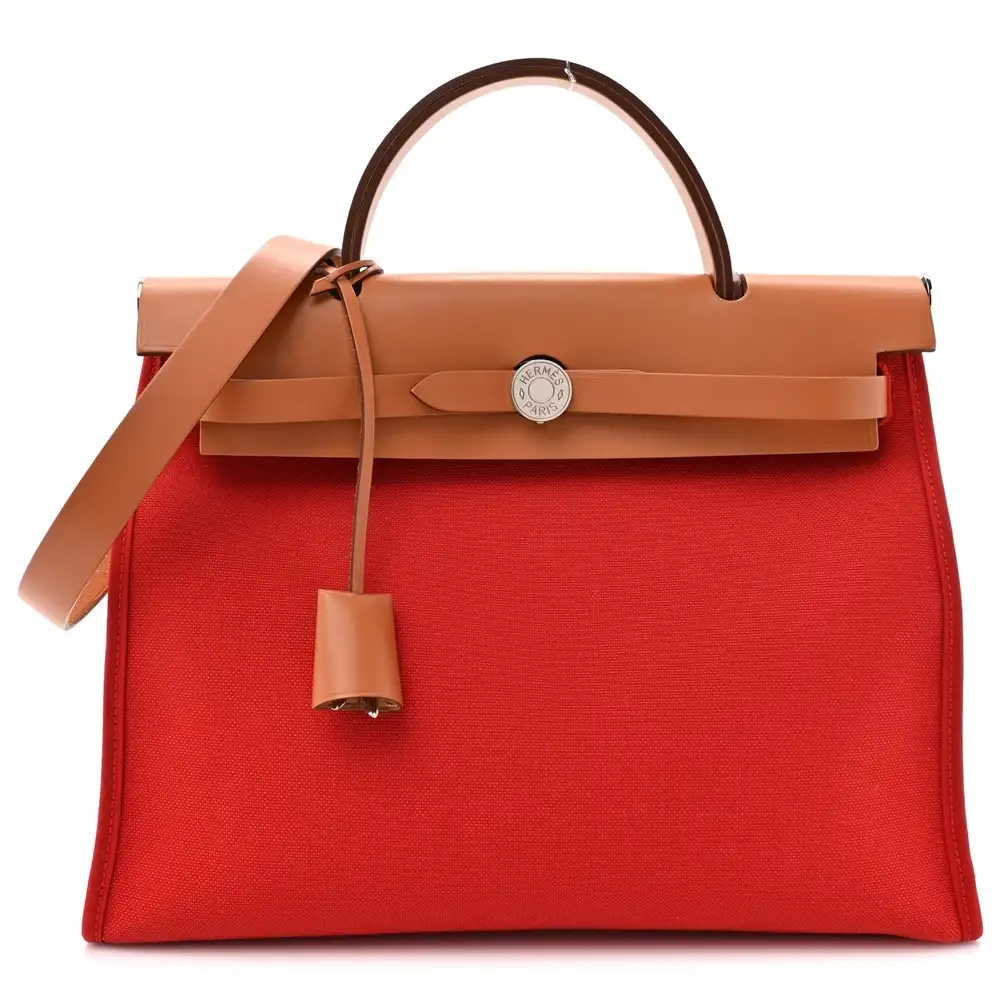 Hermes Herbag Zip PM 31 Bag in Vache Hunter Toile Rouge Tomate Natural