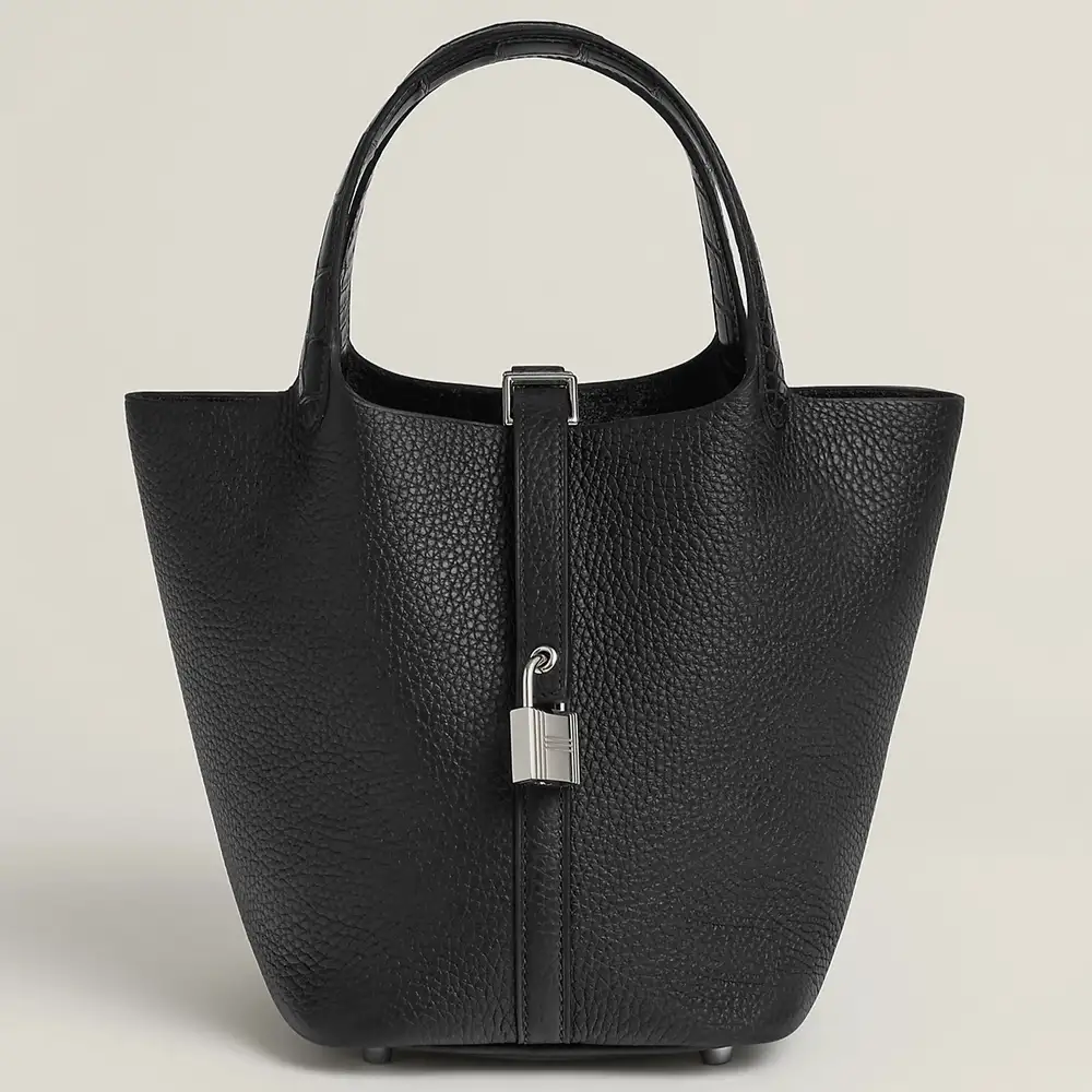 Hermes Picotin Lock 18 Bag in Taurillon Clemence and matte Mississippiensis alligator Noir Noir