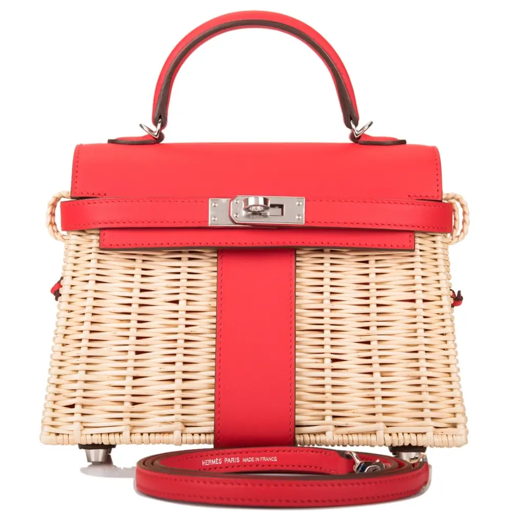 Hermes Mini Kelly Picnic Bag in Wicker Swift Rouge De Coeur