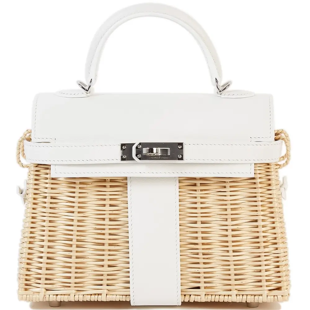 Hermes Mini Kelly Picnic Bag in Wicker Swift White