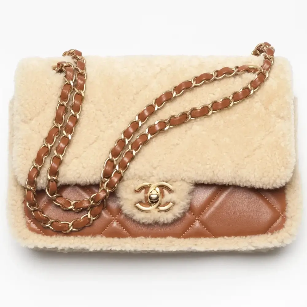 Chanel Flap Bag in Shearling Lambskin Brown Beige 1