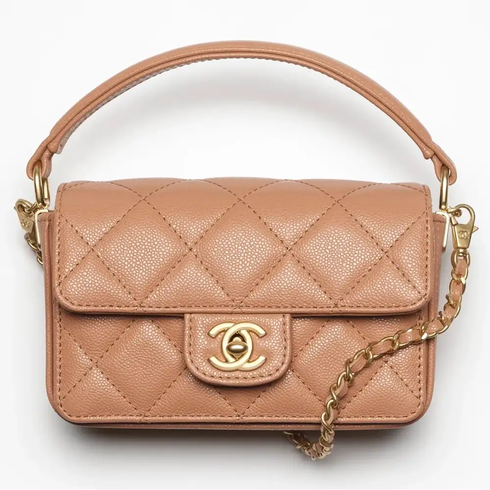 Chanel Mini Classic Flap Bag With Top Handle in Patent Calfskin Camel