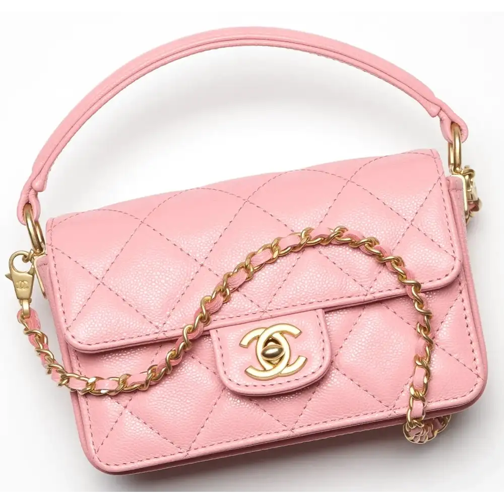 Chanel Mini Classic Flap Bag With Top Handle in Patent Calfskin Light Pink