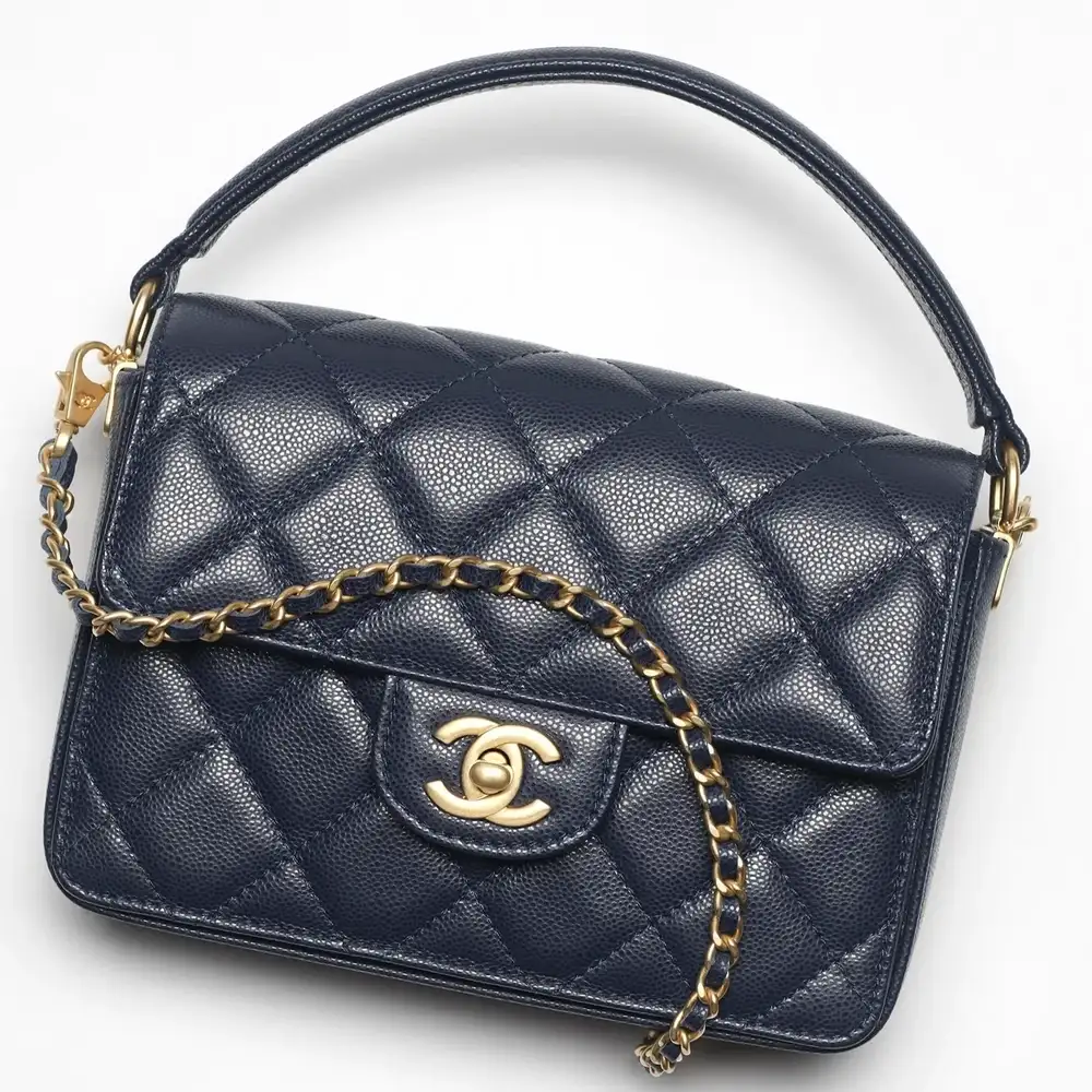 Chanel Mini Classic Flap Bag With Top Handle in Patent Calfskin Navy Blue