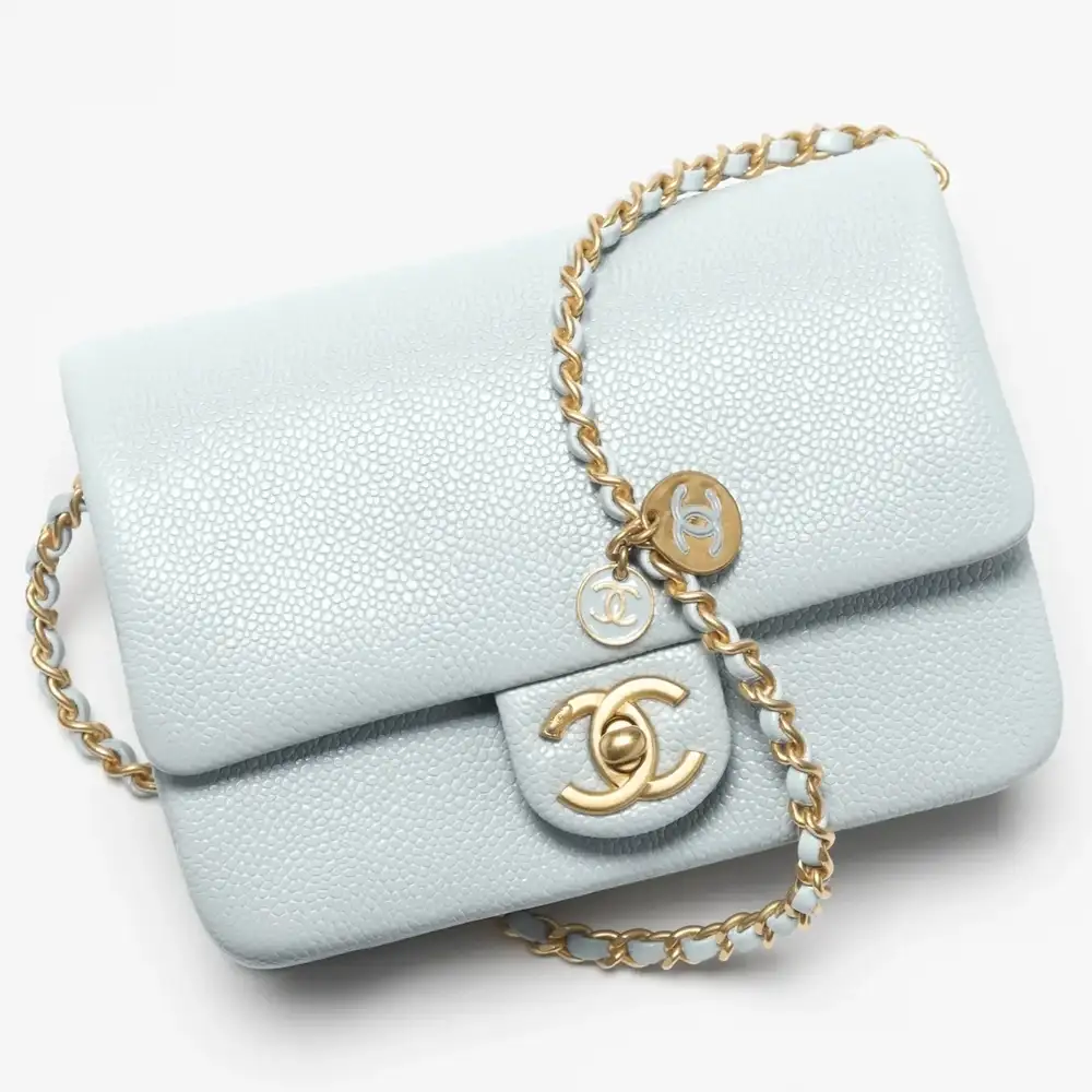 Chanel Mini Flap Bag With Medal in Grained Shiny Calfskin Light Blue