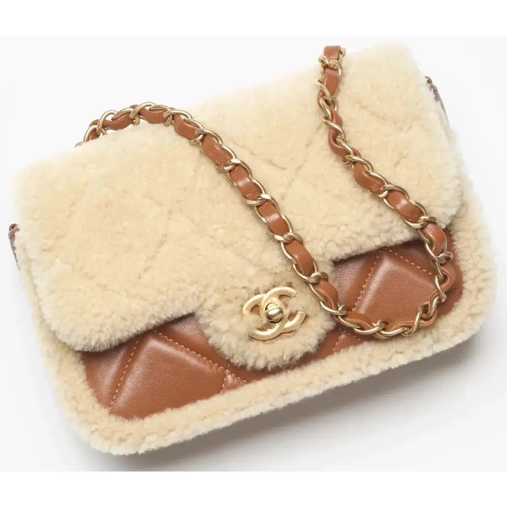 Chanel Mini Flap Bag in Shearling Lambskin Brown Beige 2