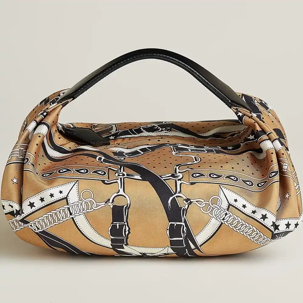 Hermes Balusoie Bag in Silk and Hunter Panoplie Equestre Biscuit Noir