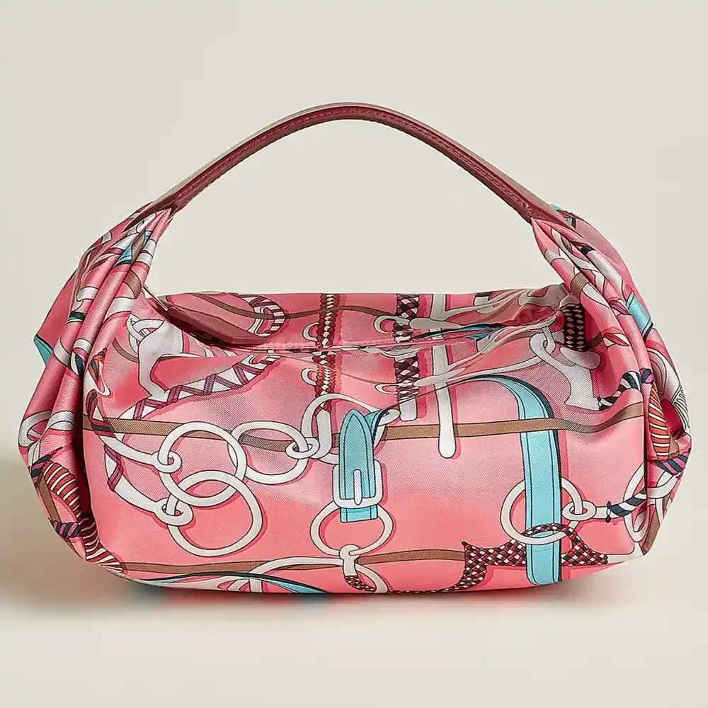 Hermes Balusoie Bag in Silk and Hunter Panoplie Equestre Rose Azalee