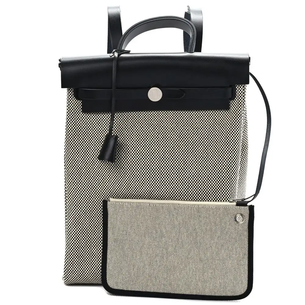 Hermes Herbag A Dos Zip Retourne Backpack in Criss Viking canvas and Hunter cowhide Ecru Black