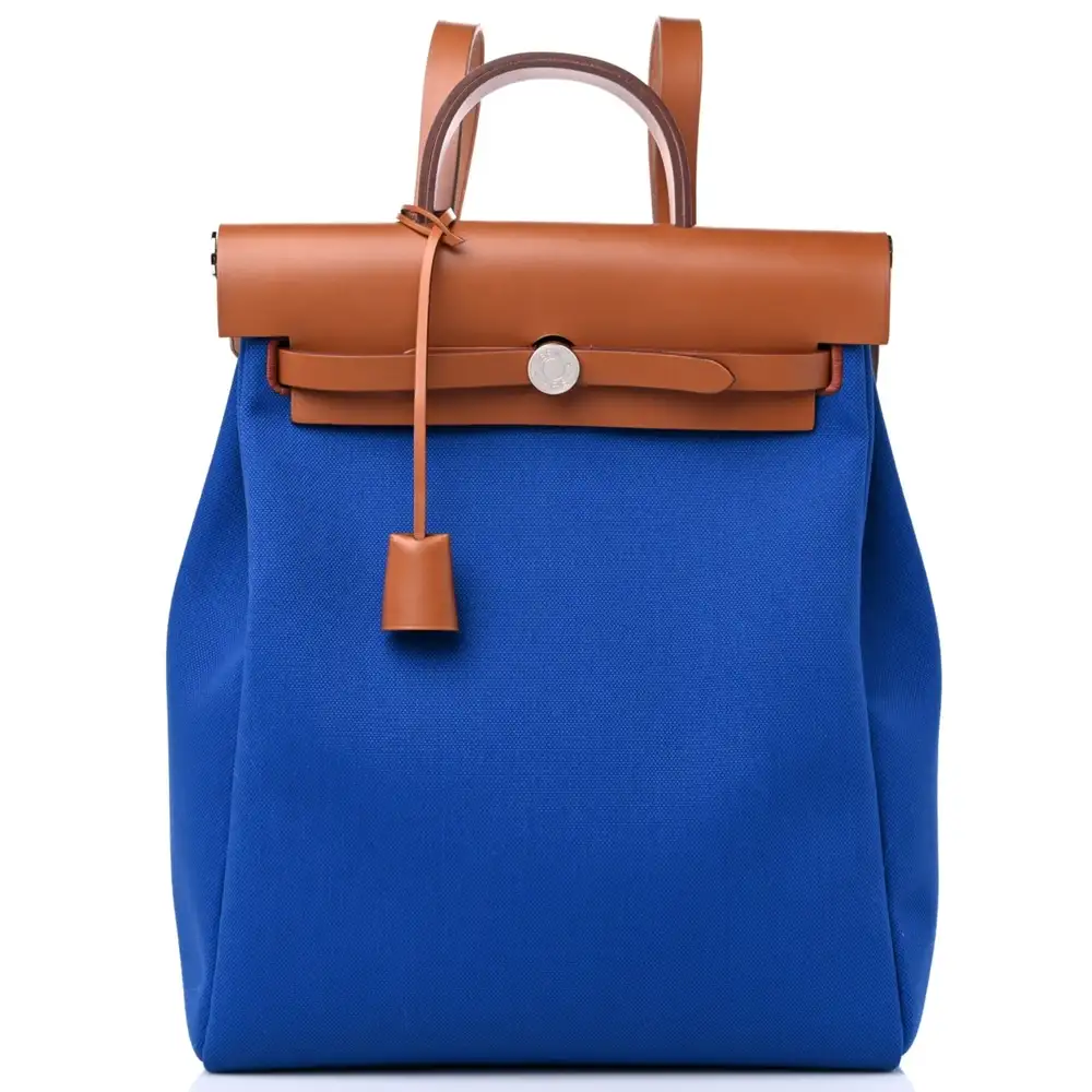 Hermes Herbag A Dos Zip Retourne Backpack in Militaire canvas and Hunter cowhide Bleu France Fauve