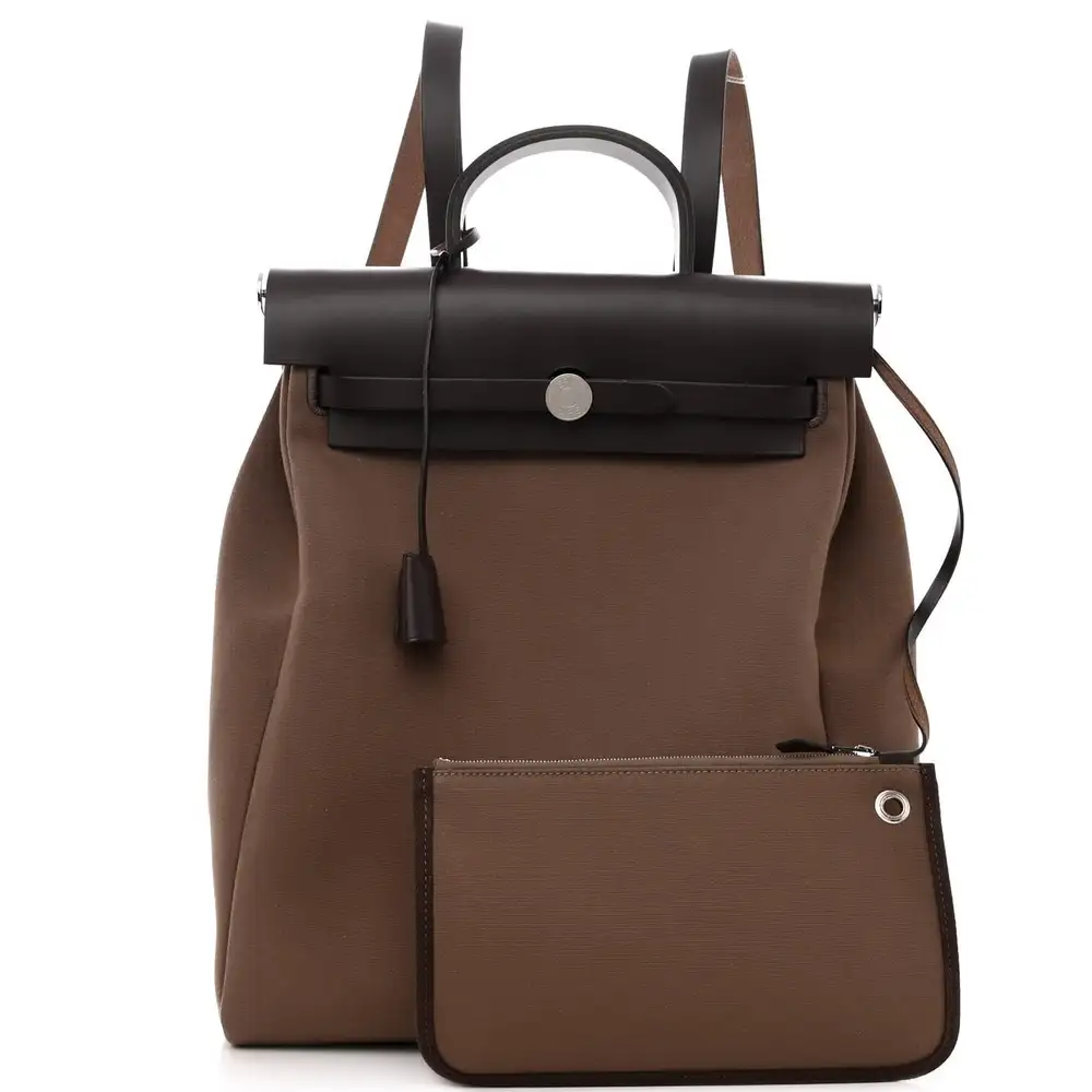 Hermes Herbag A Dos Zip Retourne Backpack in Militaire canvas and Hunter cowhide Etoupe Ebene