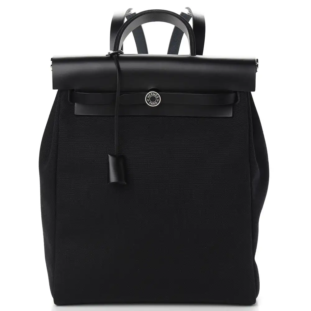 Hermes Herbag A Dos Zip Retourne Backpack in Militaire canvas and Hunter cowhide Noir noir
