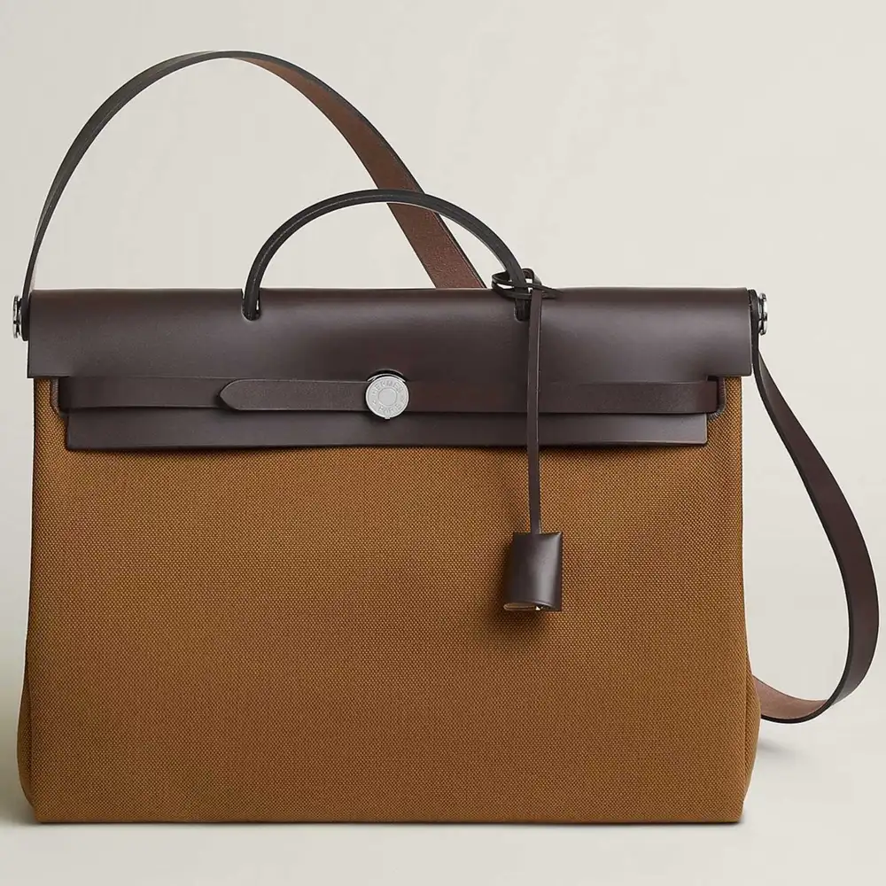 Hermes Herbag Messenger 39 Bag in Militaire canvas and Hunter cowhide Alezan Ebene