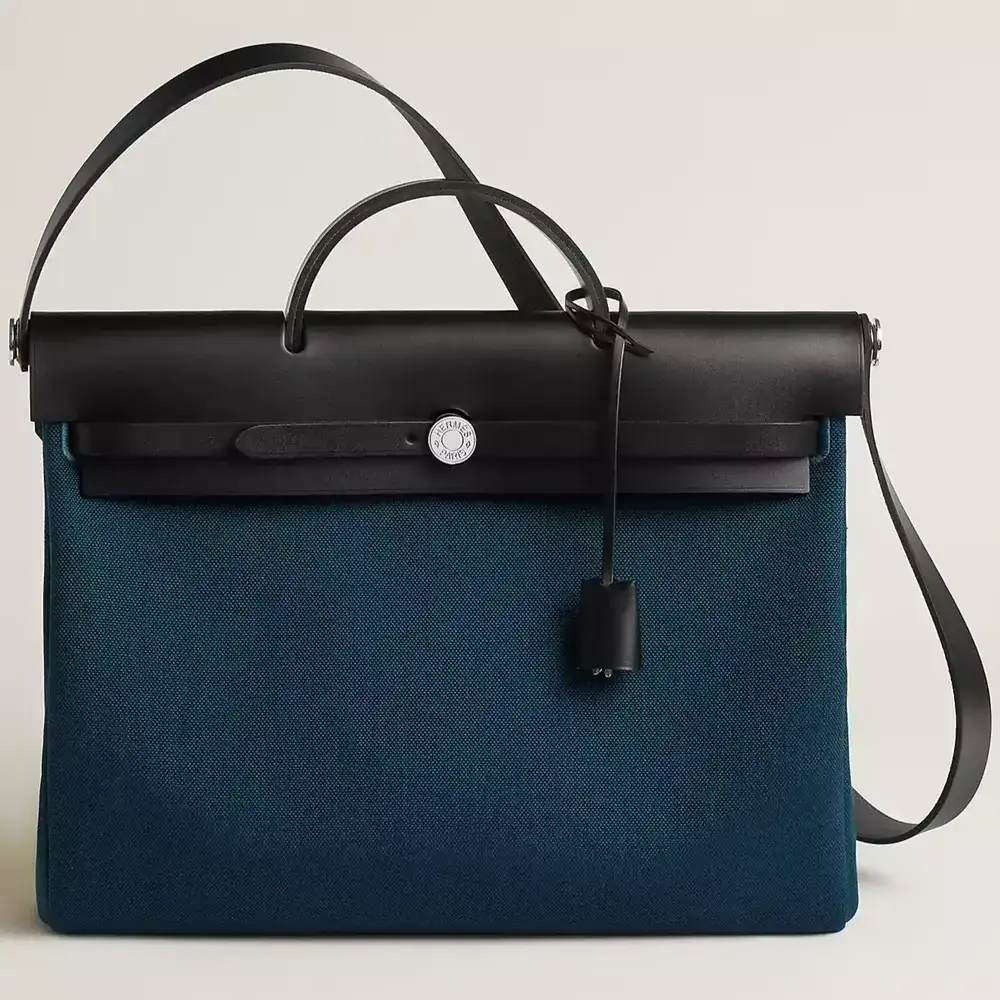 Hermes Herbag Messenger 39 Bag in Militaire canvas and Hunter cowhide Bleu Ocean Noir