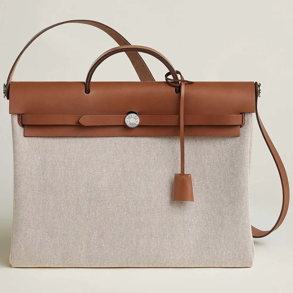 Hermes Herbag Messenger 39 Bag in Militaire canvas and Hunter cowhide Ecru Beige Fauve