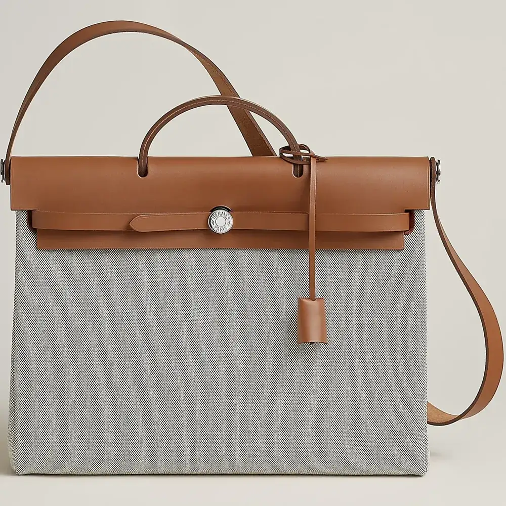 Hermes Herbag Messenger 39 Bag in Militaire canvas and Hunter cowhide Écru Noir Fauve