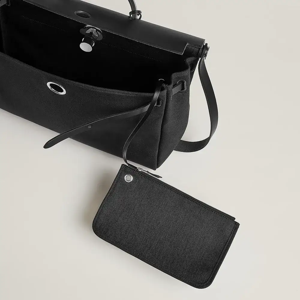 Hermes Herbag Messenger 39 Bag in Militaire canvas and Hunter cowhide Interior pockets