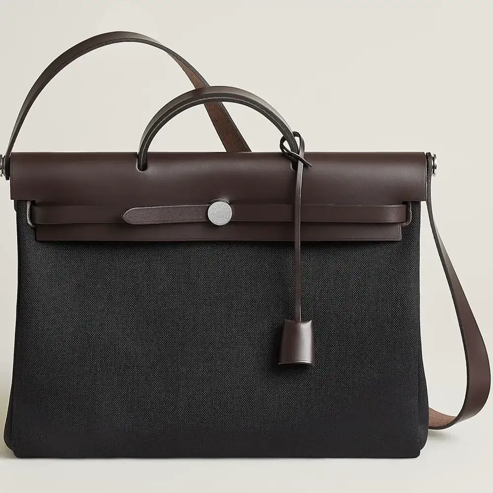 Hermes Herbag Messenger 39 Bag in Militaire canvas and Hunter cowhide Noir Ébène