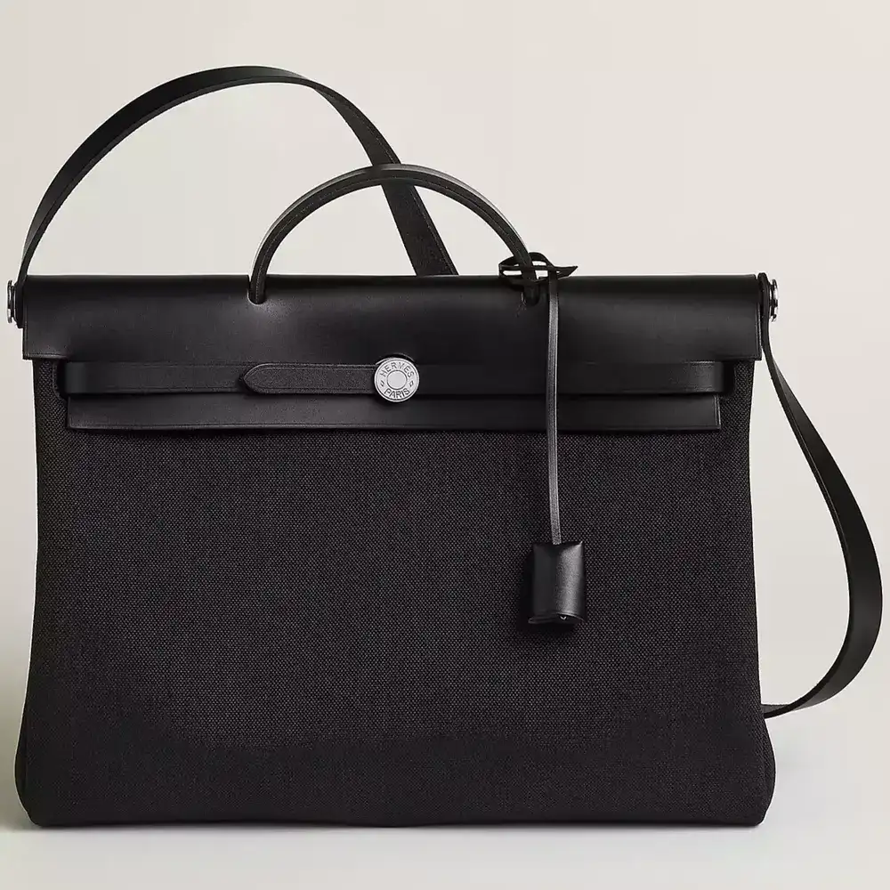 Hermes Herbag Messenger 39 Bag in Militaire canvas and Hunter cowhide Noir Noir