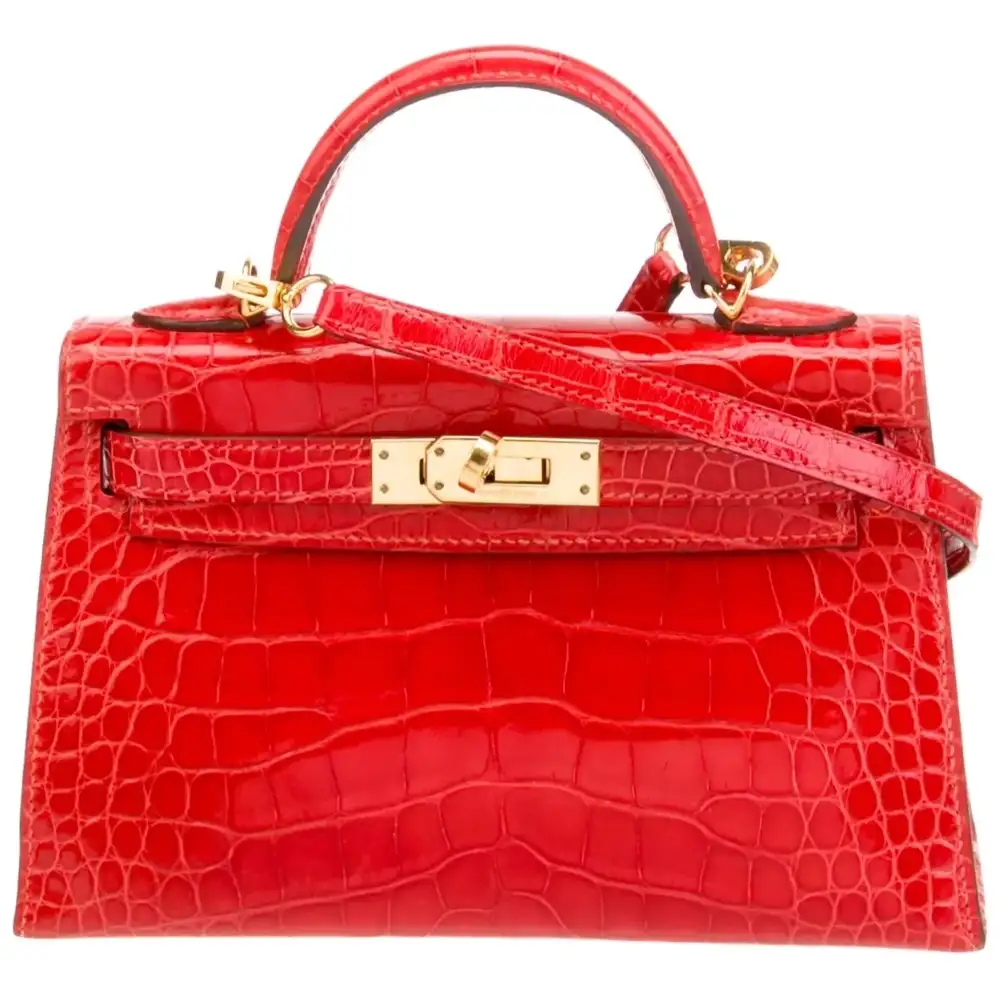 Hermes Mini Kelly II Sellier Bag in Shiny Alligator Rouge De Cœur