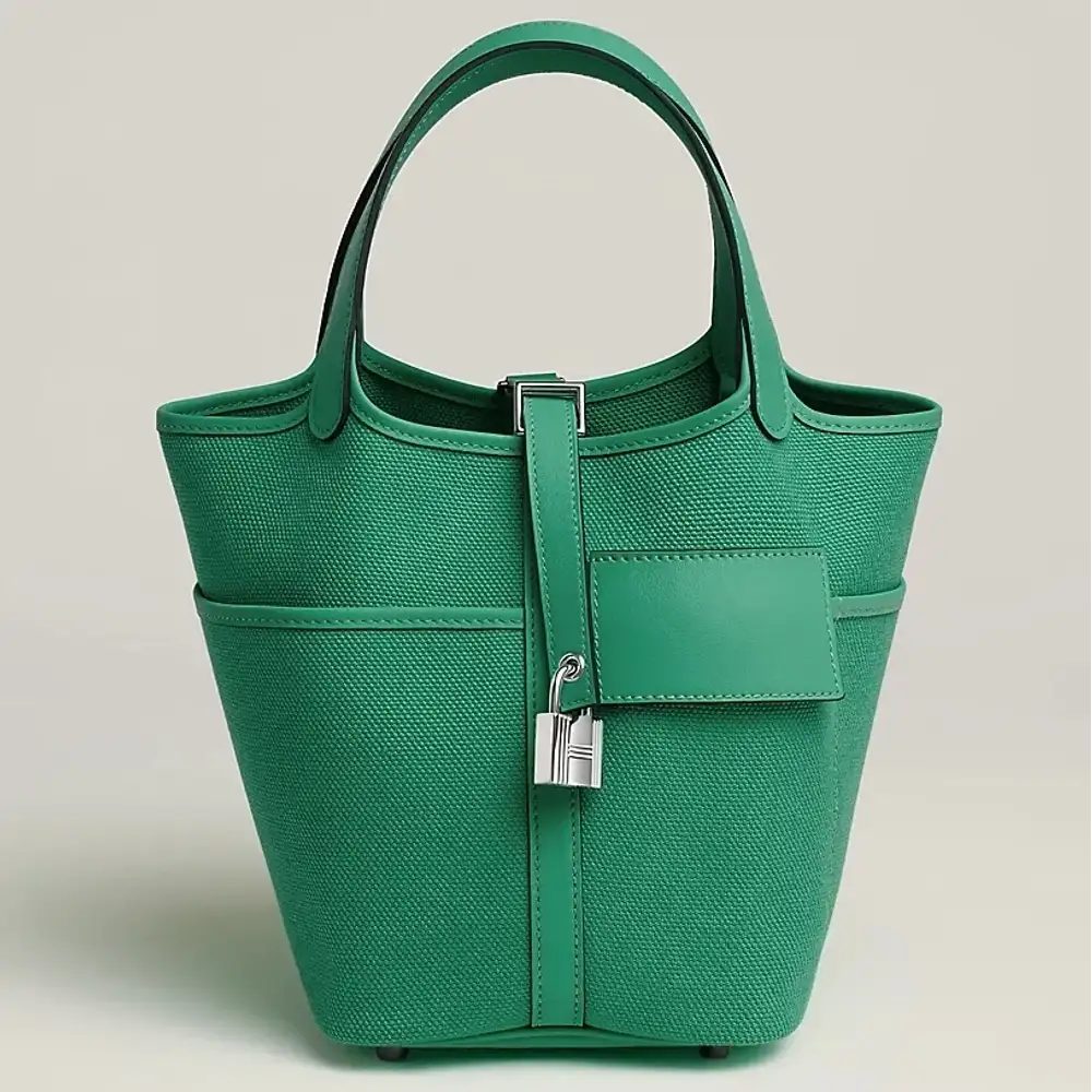 Hermes Picotin Lock 18 Pocket Bag in Goeland Canvas and Swift Green