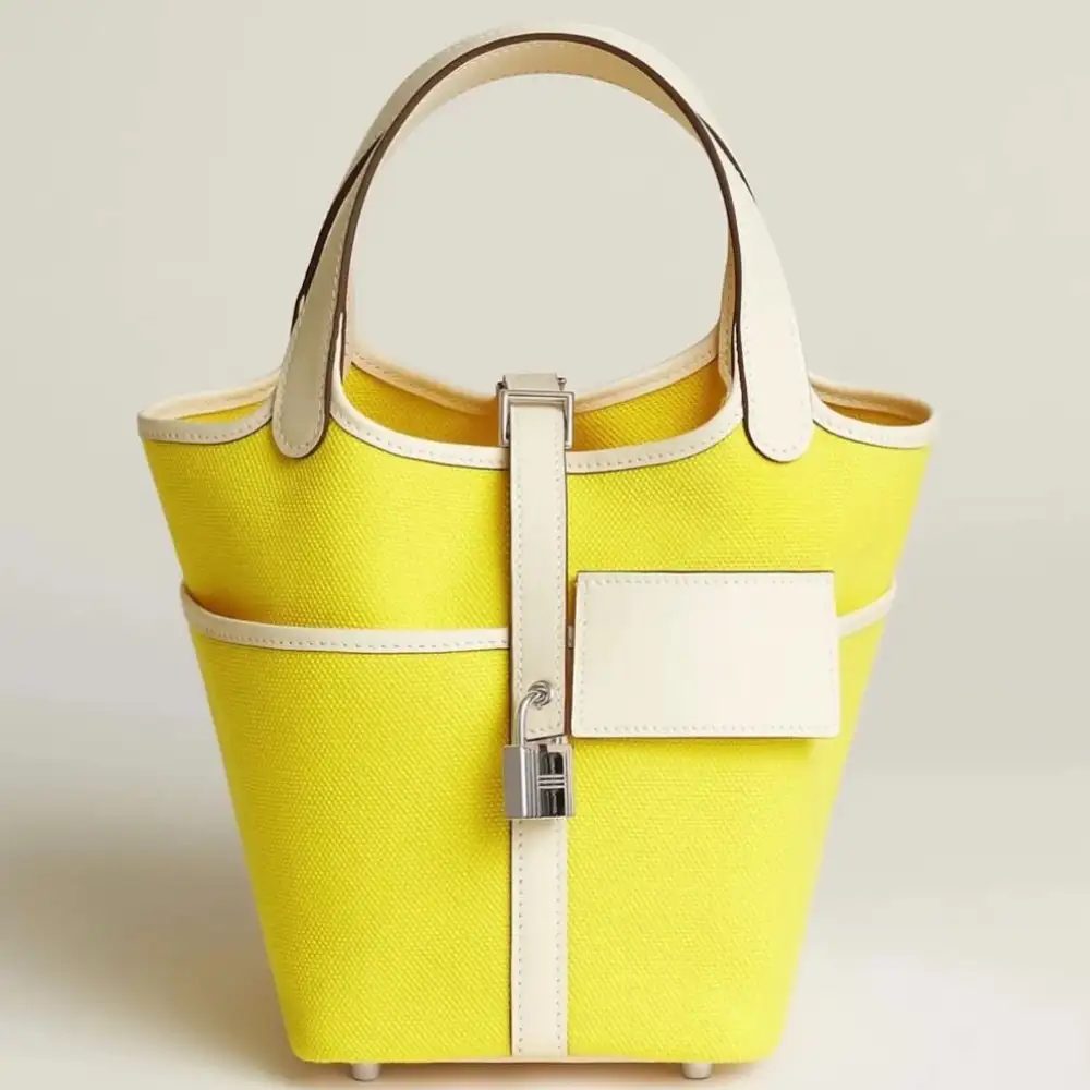 Hermes Picotin Lock 18 Pocket Bag in Goeland Canvas and Swift Jaune Citron Nata
