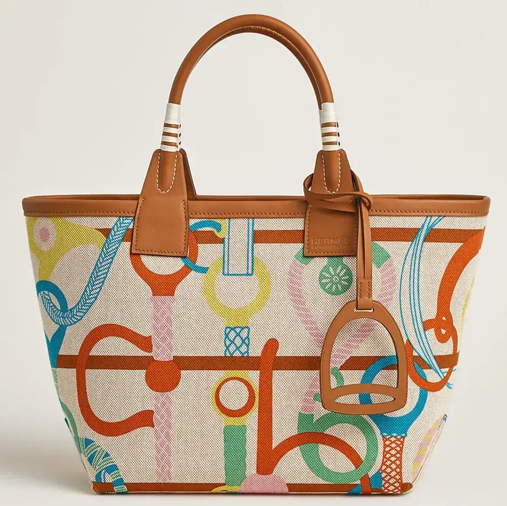 Hermes Steeple 25 Bag in Canvas Swift Clic Clac Panoplie Equestre motif Cuivre Lime Écru Beige Gold