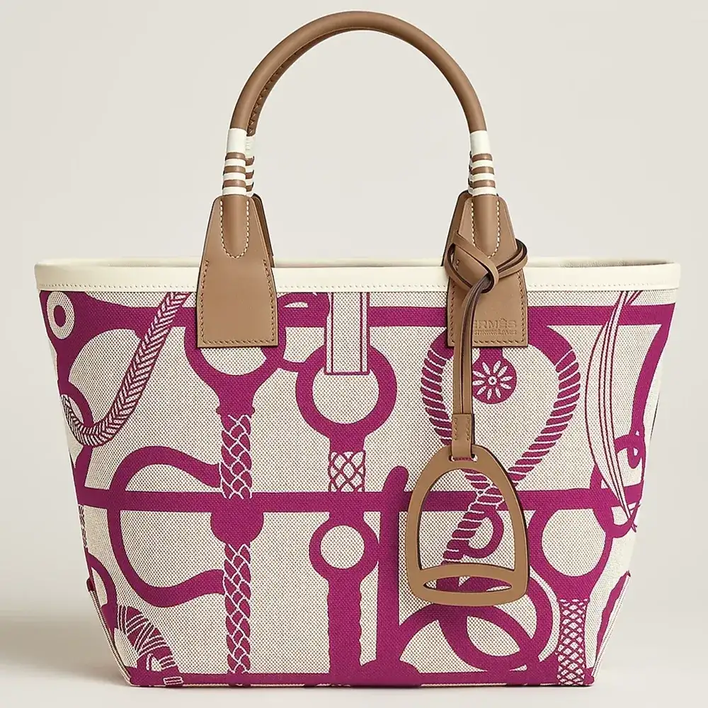 Hermes Steeple 25 Bag in Canvas Swift Clic Clac Panoplie Equestre motif Rose Pourpre Écru Beige Chaï Nata