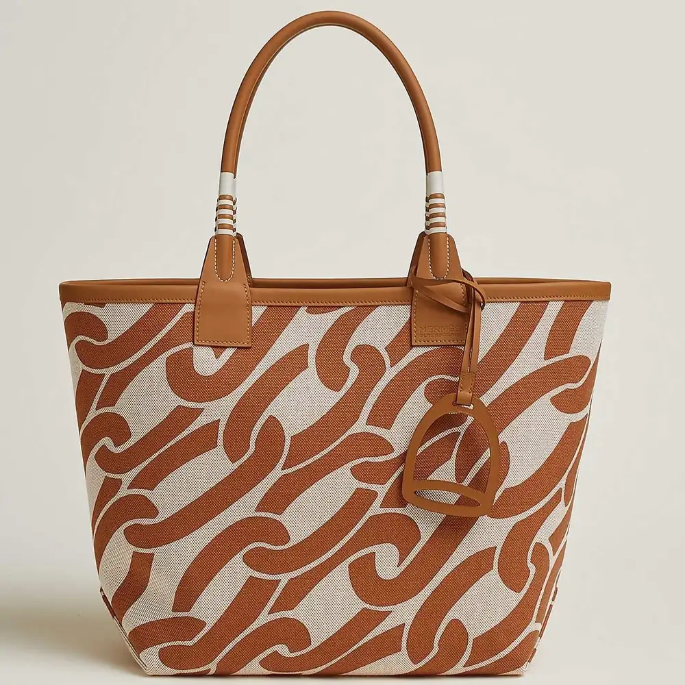 Hermes Steeple 28 Bag in Canvas Swift Maillons Co Fauve Écru Beige Gold